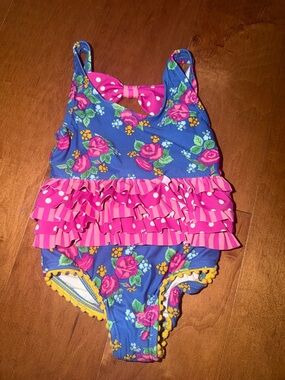 Matilda Jane Blue Floral Ruffle One-Piece Swimsuit with Pink Accents